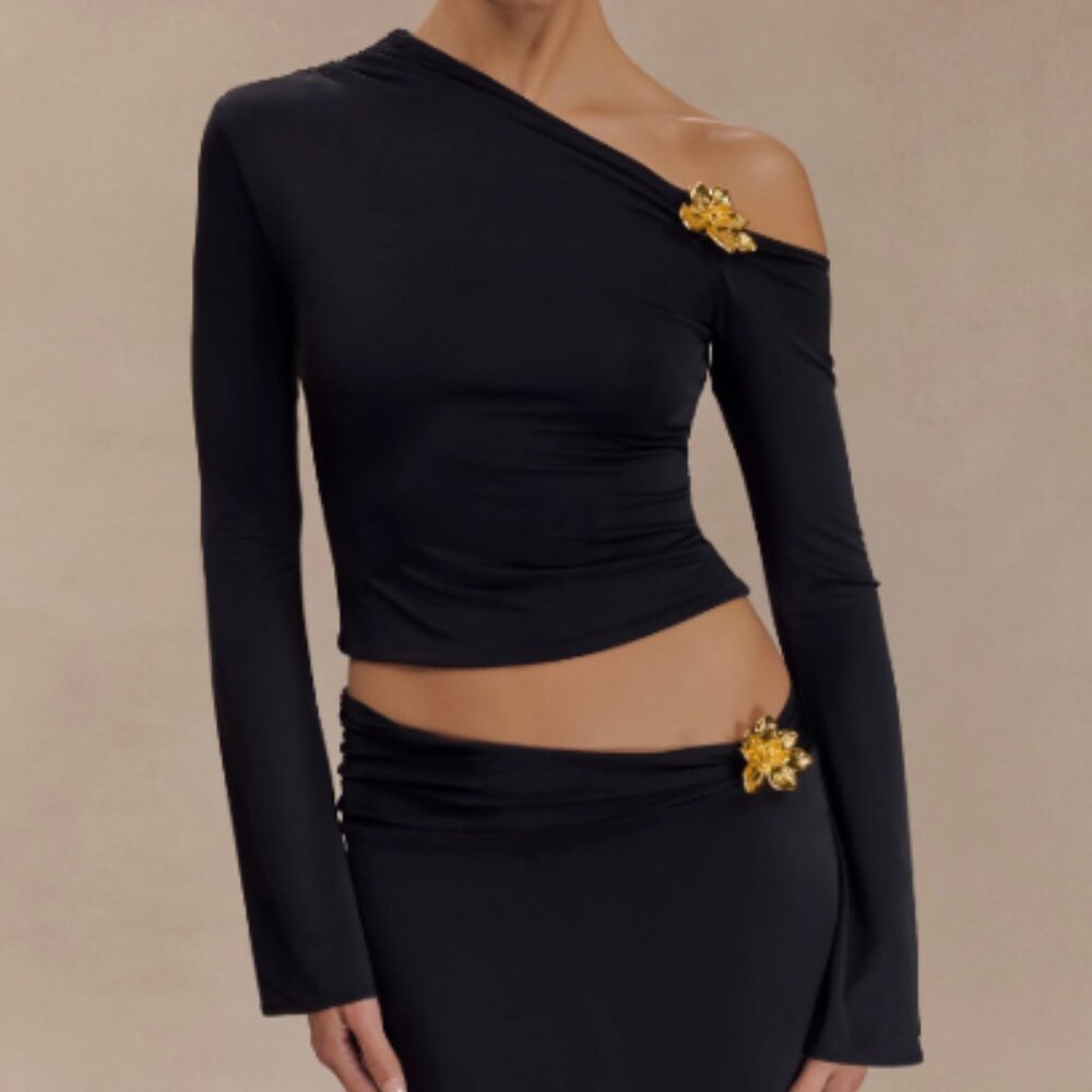 All About Mary Asymmetrical Long Sleeve Top With Floral Hardware